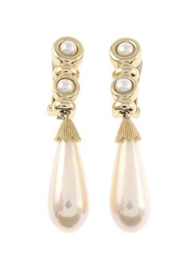 Authentic Vintage Dior Long Teardrop Pearl Drop Dangle Gold Clip-On Earrings
